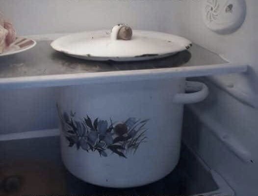 A white ceramic pot with a floral pattern and a lid sits inside a refrigerator, with a plate of food partially visible to…