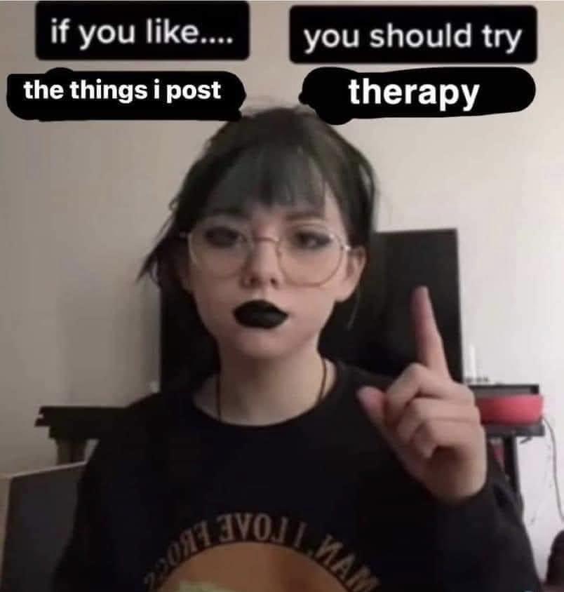 A person with dark lipstick and glasses points upward while text boxes above their head read 'if you like....' and 'you…