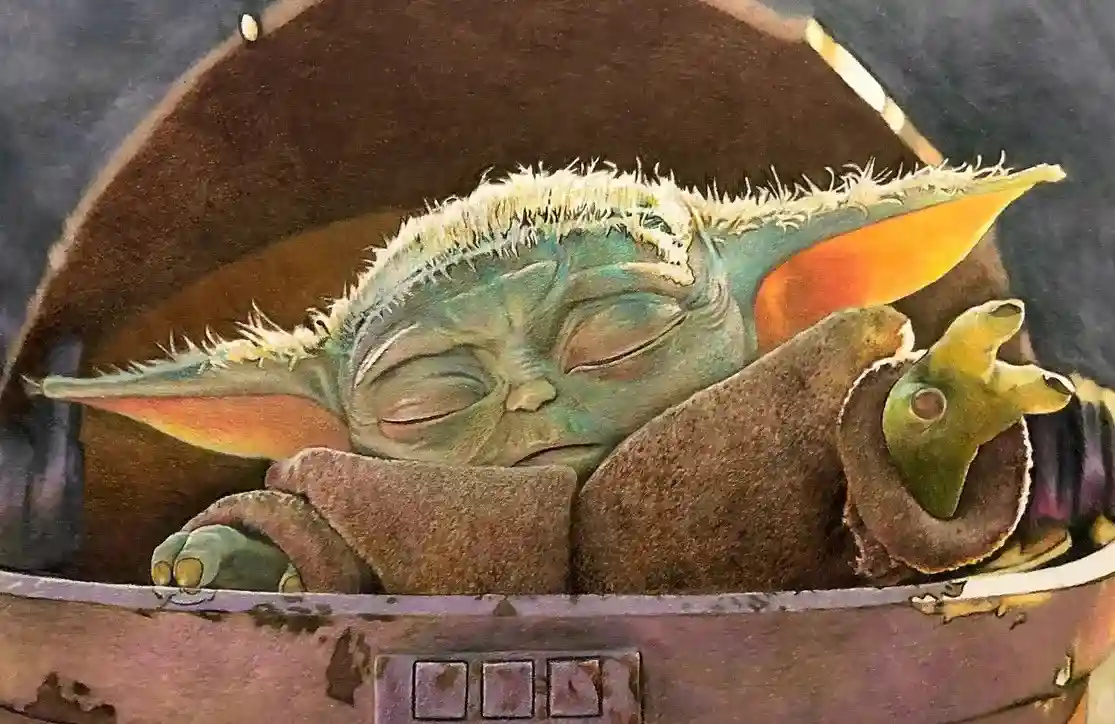 a serene, sleeping green-skinned infant with large pointed ears and fluffy hair, wrapped in a brown cloak, rests inside a…
