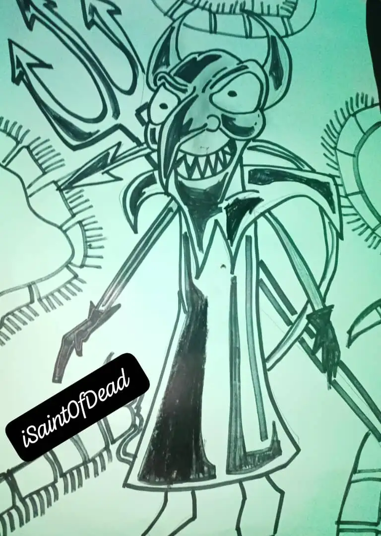 A hand-drawn cartoon depicts a menacing, skeletal figure with a wide grin, wearing a long coat and holding a trident-like…