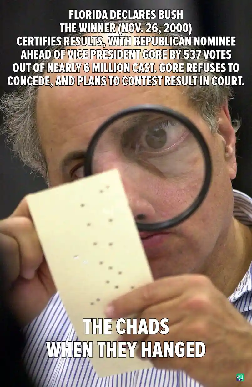 A man with gray hair holds a magnifying glass over a punch-card ballot, examining the perforations. White text overlays the…