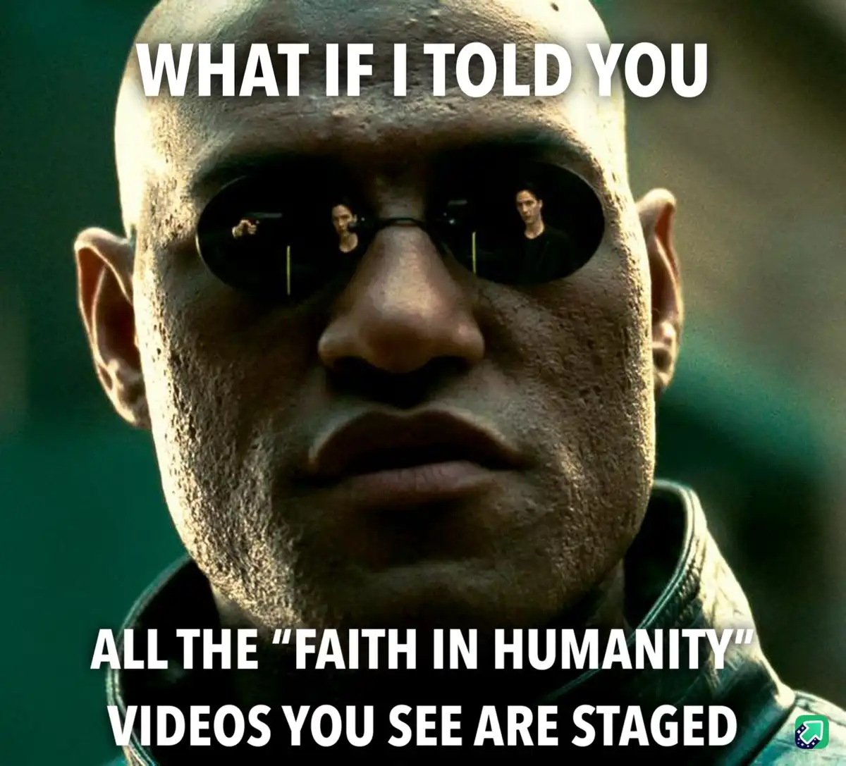 A close-up of the character Morpheus from The Matrix, wearing his signature dark sunglasses, with two figures visible in the…
