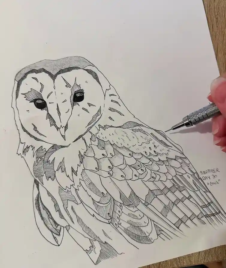 A detailed black-and-white pencil drawing of a barn owl on paper, with a hand holding a mechanical pencil poised to add…