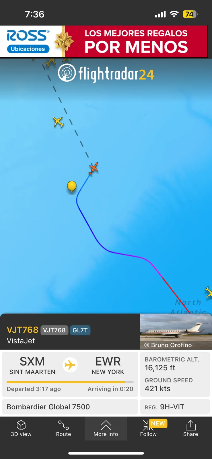A screenshot from the Flightradar24 app shows a private jet flight VJT768 from SXM to EWR, with a yellow balloon icon on its…
