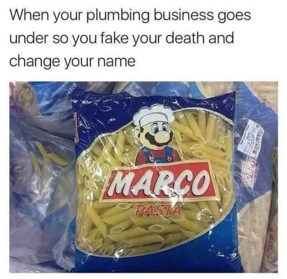 A bag of pasta labeled 'MARCO PASTA' features a cartoon character resembling Mario wearing a chef's hat. The text above the…