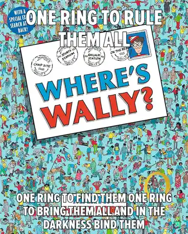 The image is the cover of the 'Where's Wally?' book, featuring a dense crowd of cartoon characters on a light blue…