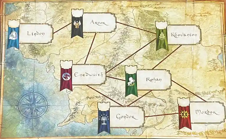 A fantasy map displays seven labeled regions—Lindon, Arnor, Rhovanion, Eredwaith, Rohan, Gondor, and Mordor—each marked with…