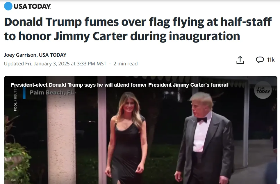 A screenshot of a USA TODAY news article headline about Donald Trump fuming over a flag at half-staff for Jimmy Carter. The…
