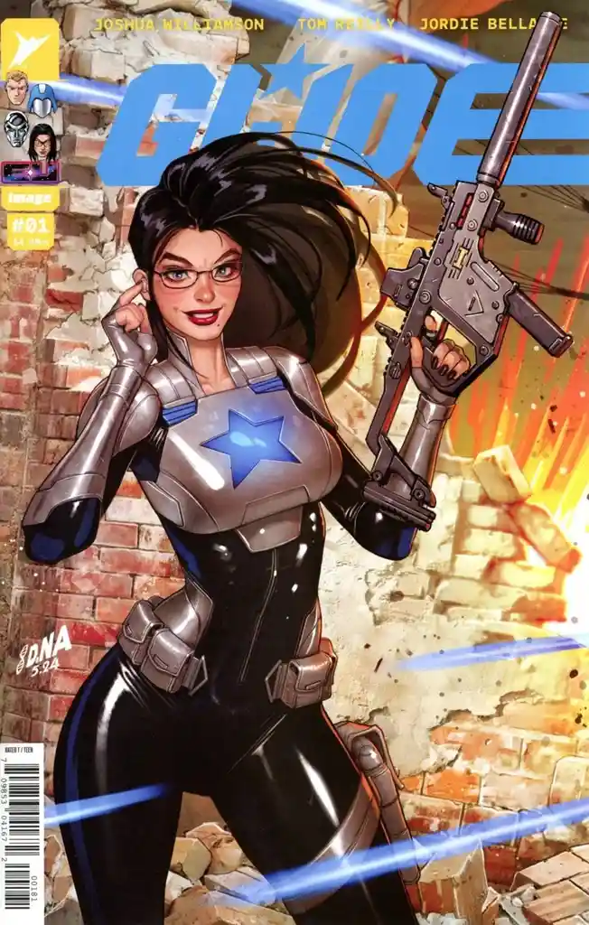 A comic book cover for 'G.I. Joe #1' shows a woman in a silver and black tactical suit with a blue star emblem, holding a…