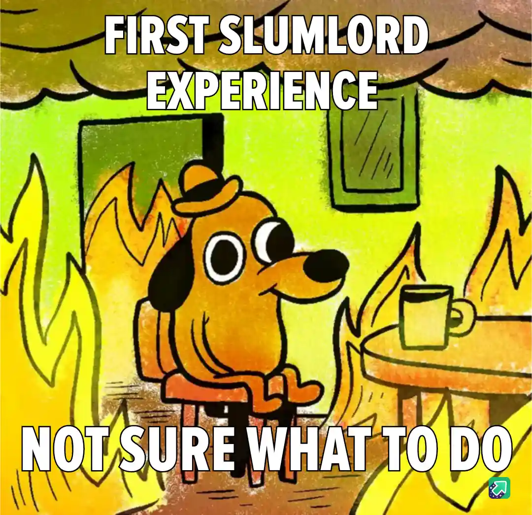 A cartoon dog wearing a hat sits calmly in a room engulfed in flames, with a cup on a table nearby. The text reads 'FIRST…