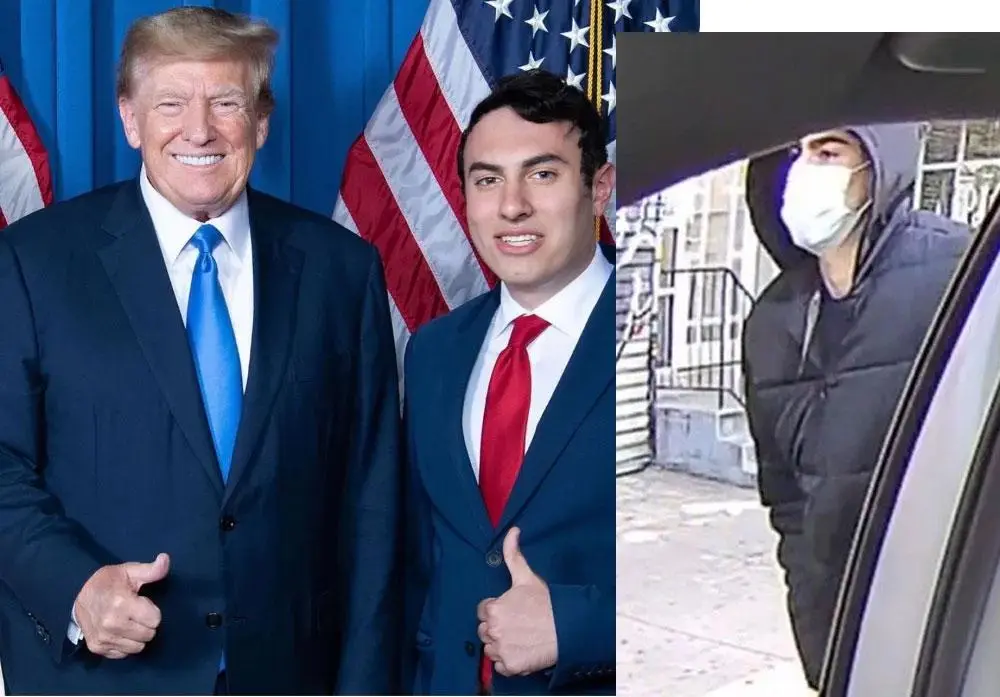 The image is a split-screen meme. On the left, Donald Trump and Jared Kushner are posing together in suits, giving thumbs up…