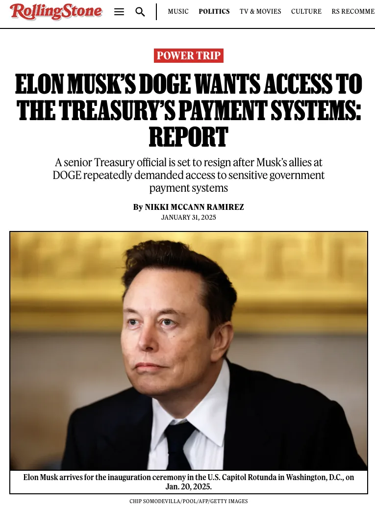 The image is a mock Rolling Stone magazine cover featuring a photo of Elon Musk looking serious. The headline reads 'ELON…