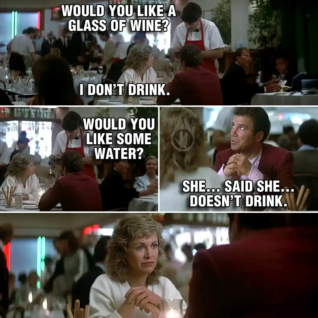 A three-panel meme from the movie 'When Harry Met Sally' showing a waiter asking a couple for wine and water. The woman says…