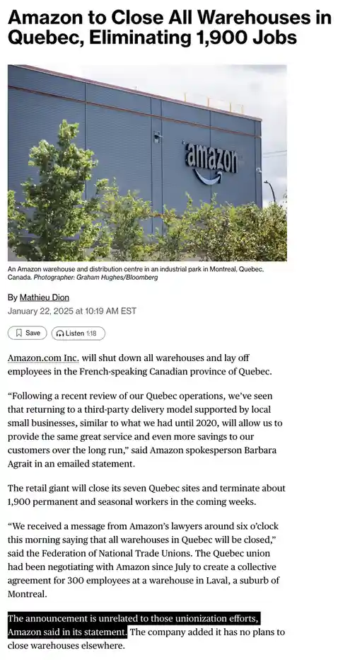 A news article screenshot shows an Amazon warehouse building with green trees in front. The headline reads 'Amazon to Close…