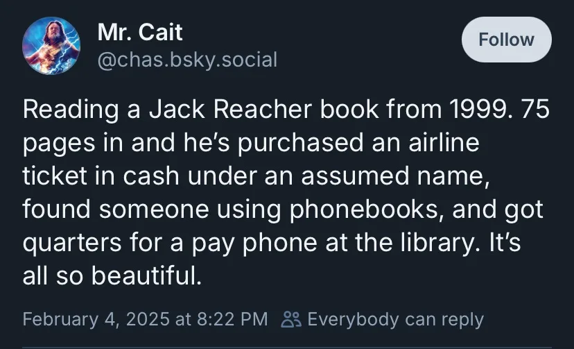 A screenshot of a social media post by 'Mr. Cait' (@chas.bsky.social) on a dark-themed platform, showing a tweet that reads…