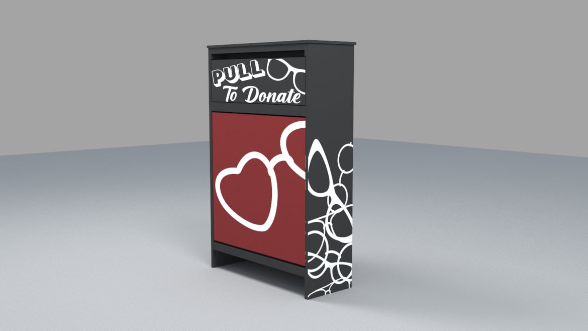 A black donation bin with a red panel featuring a white heart-shaped outline of glasses and a side panel with abstract white…