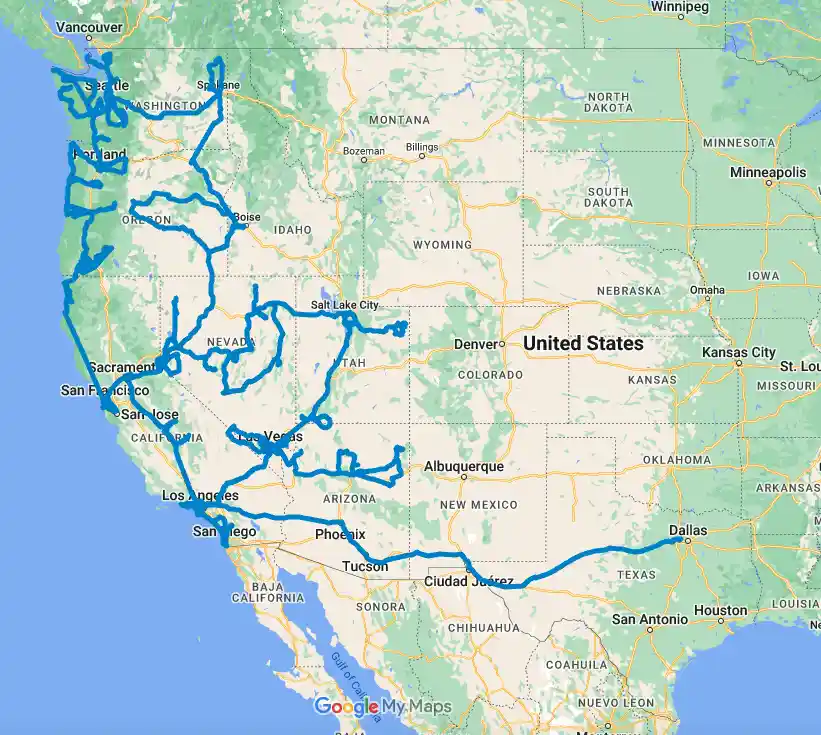 a google my maps screenshot showing a blue route drawn across the united states from the west coast to the east coast…