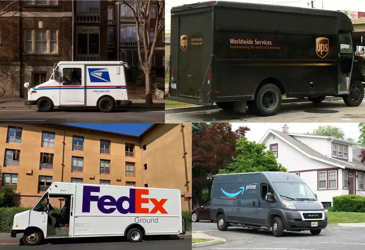 A four-panel collage shows a white USPS truck, a black UPS truck, a white FedEx Ground truck, and a gray Amazon Prime van…