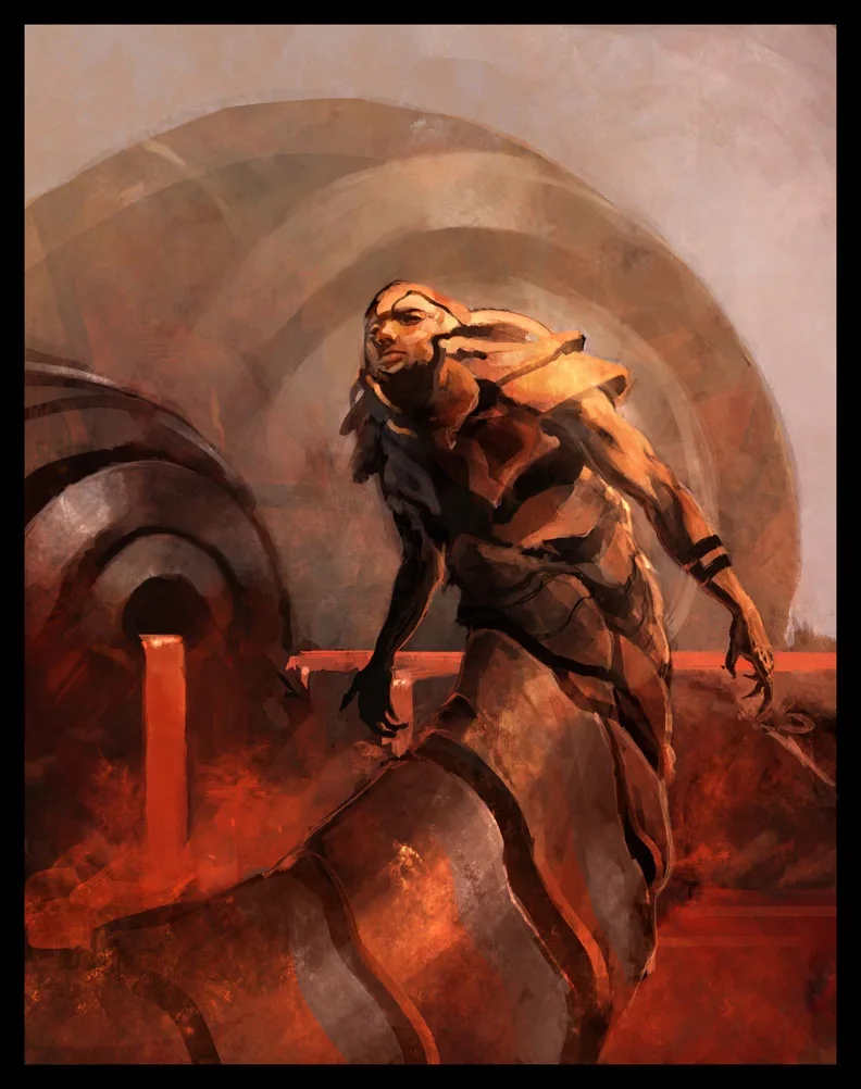A stylized, painterly image depicts a muscular man in a hooded outfit, crouched and looking upward with a weary expression…