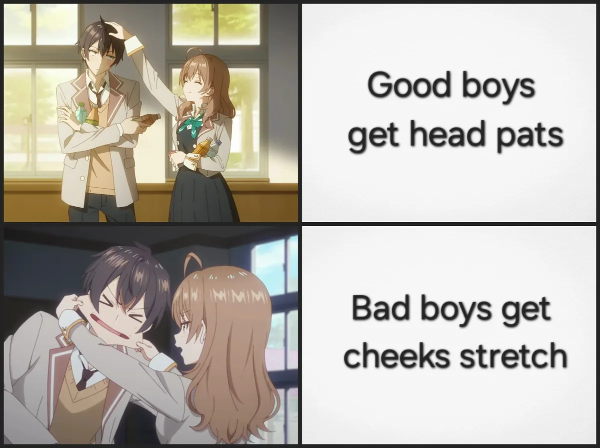 The meme shows two anime scenes featuring the same girl and boy. In the top panel, the girl gently pats the boy's head while…