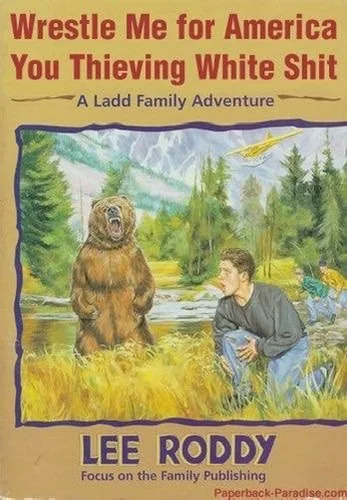 The image shows a book cover with a man crouching near a river, facing a large brown bear standing on its hind legs. The…