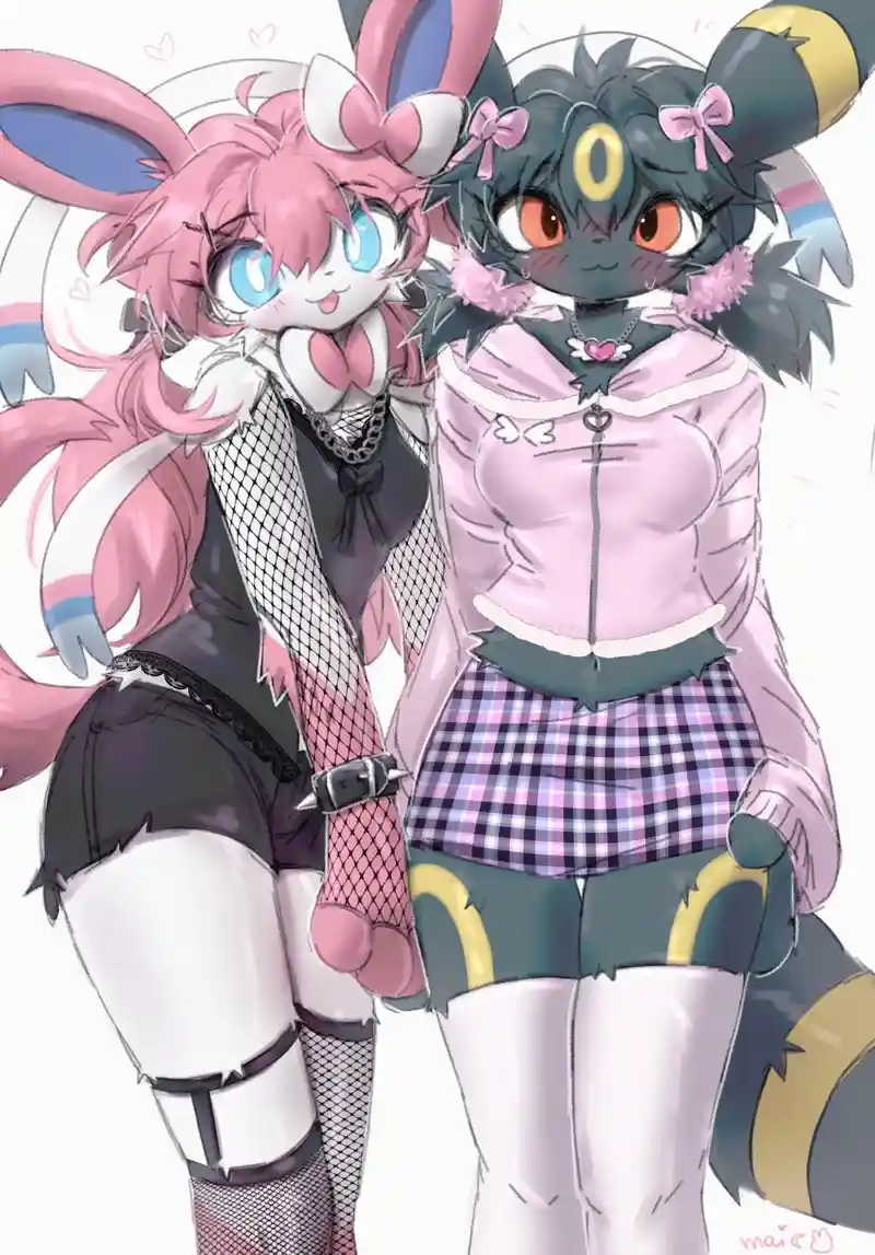 Two anime-style anthropomorphic girls pose together; one has pink hair and bunny ears, the other has dark fur and cat-like…