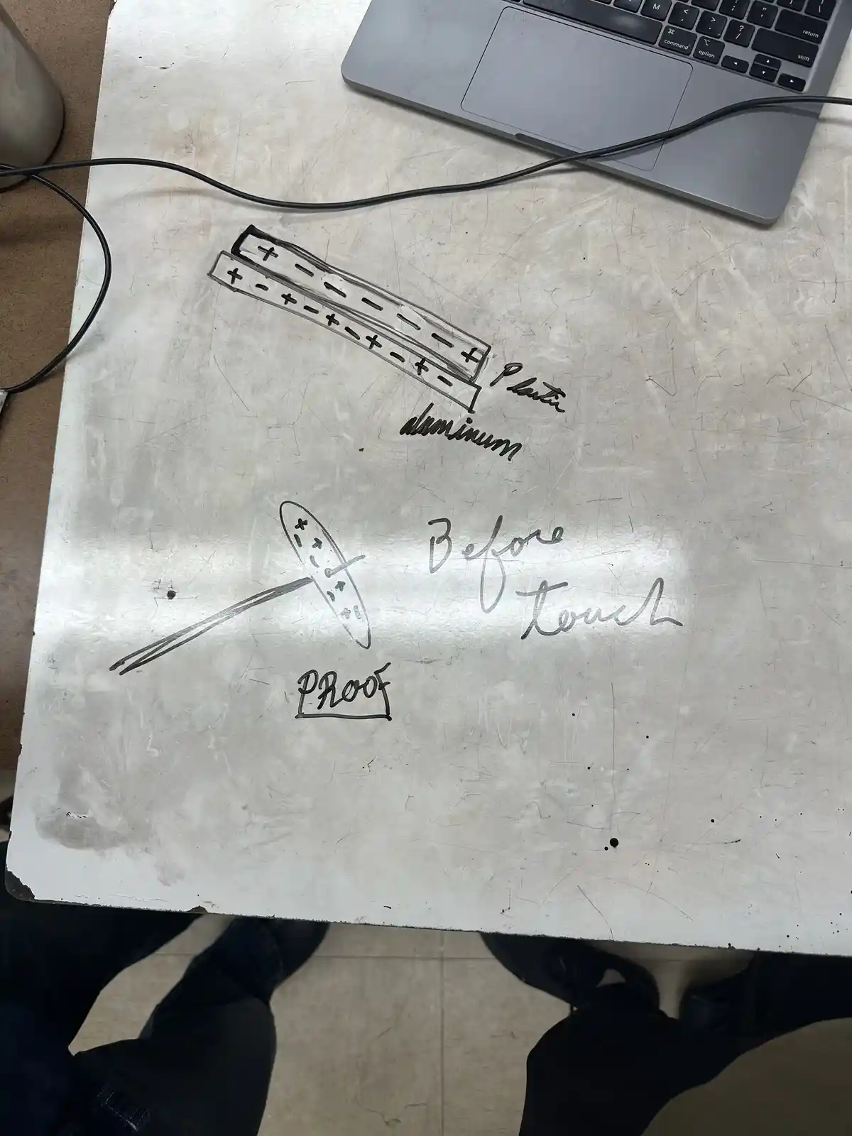 A scratched metal workbench has a hand-drawn diagram showing two labeled plates (plastic, aluminum) with alternating plus…