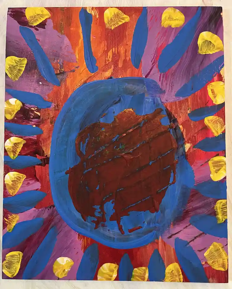 A child's abstract painting depicts a large blue circle with a brown, textured shape inside, surrounded by blue brushstrokes…