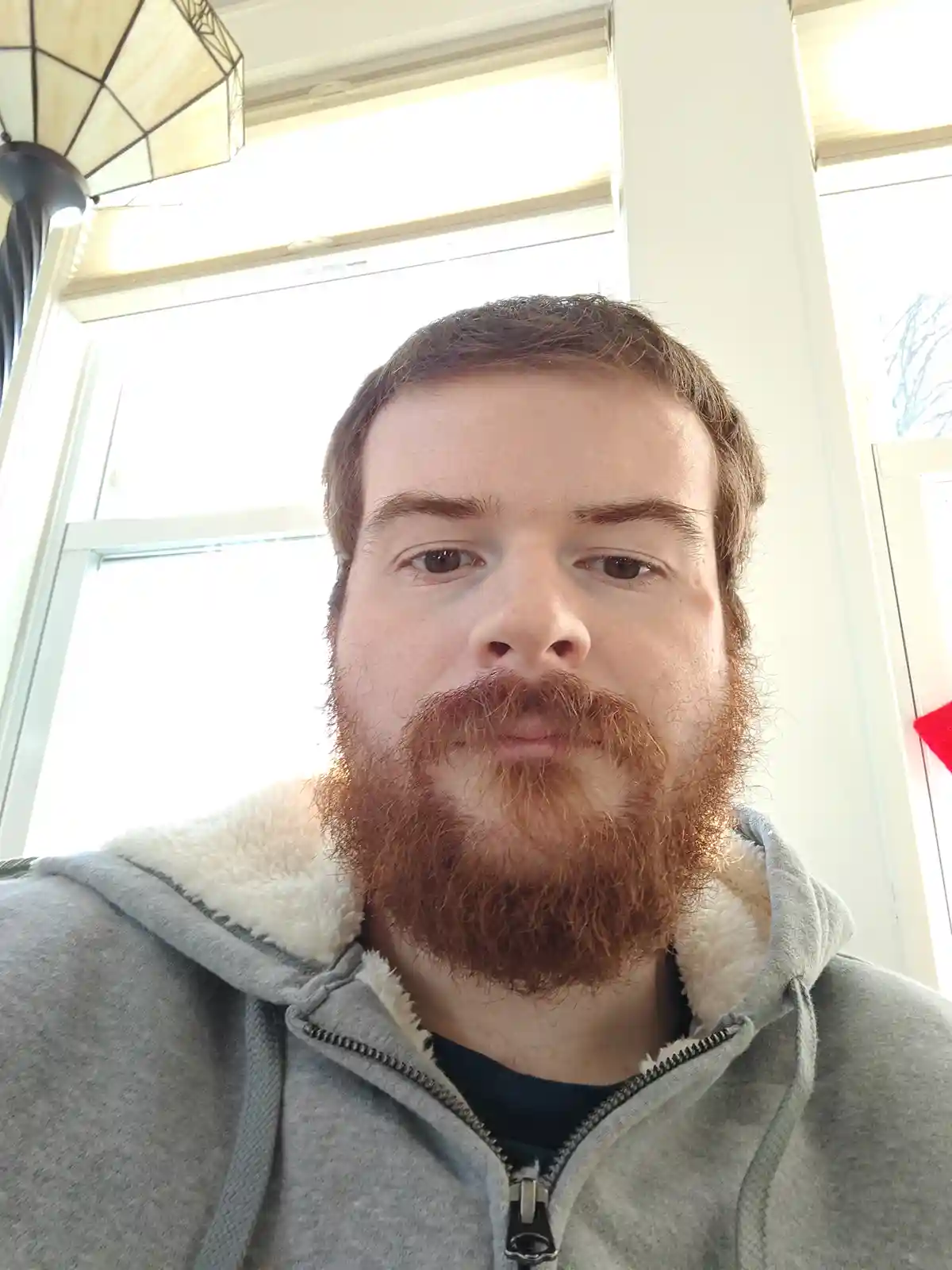 A close-up selfie of a man with a full reddish-brown beard and mustache, wearing a grey zip-up hoodie with a white fleece…