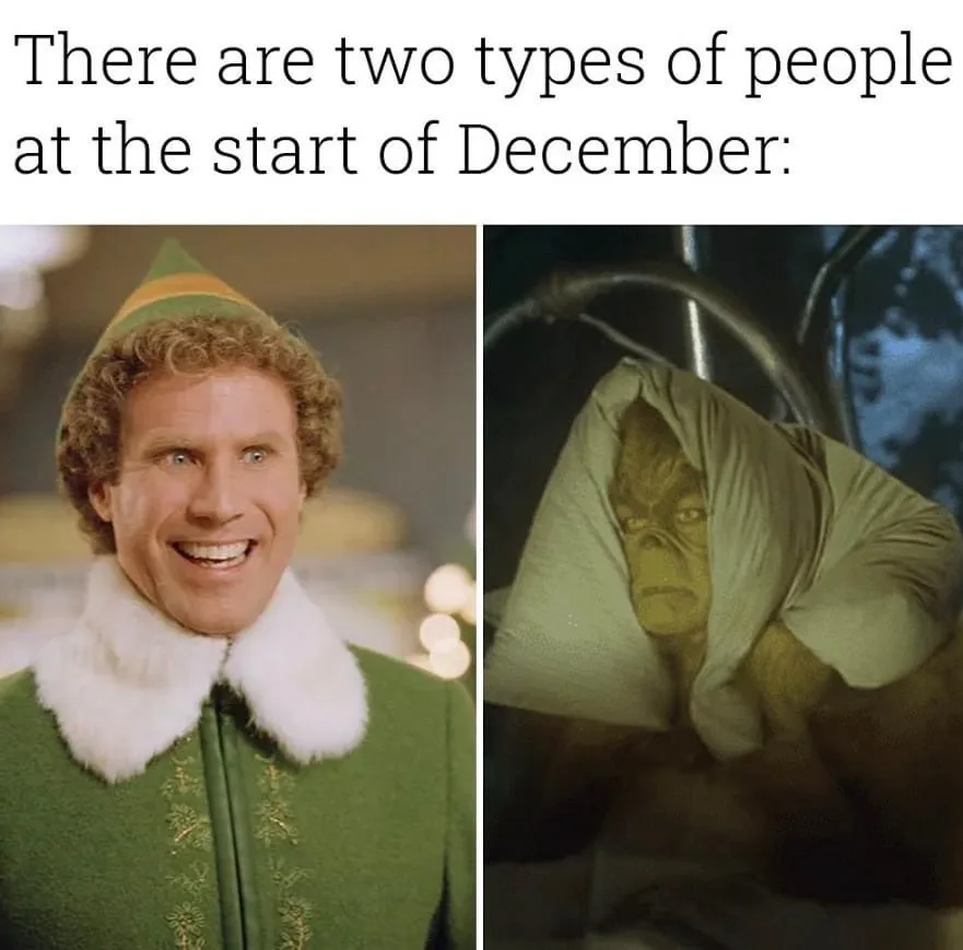 The image is split into two panels. The left panel shows Buddy the Elf from the movie 'Elf,' smiling brightly in his green…