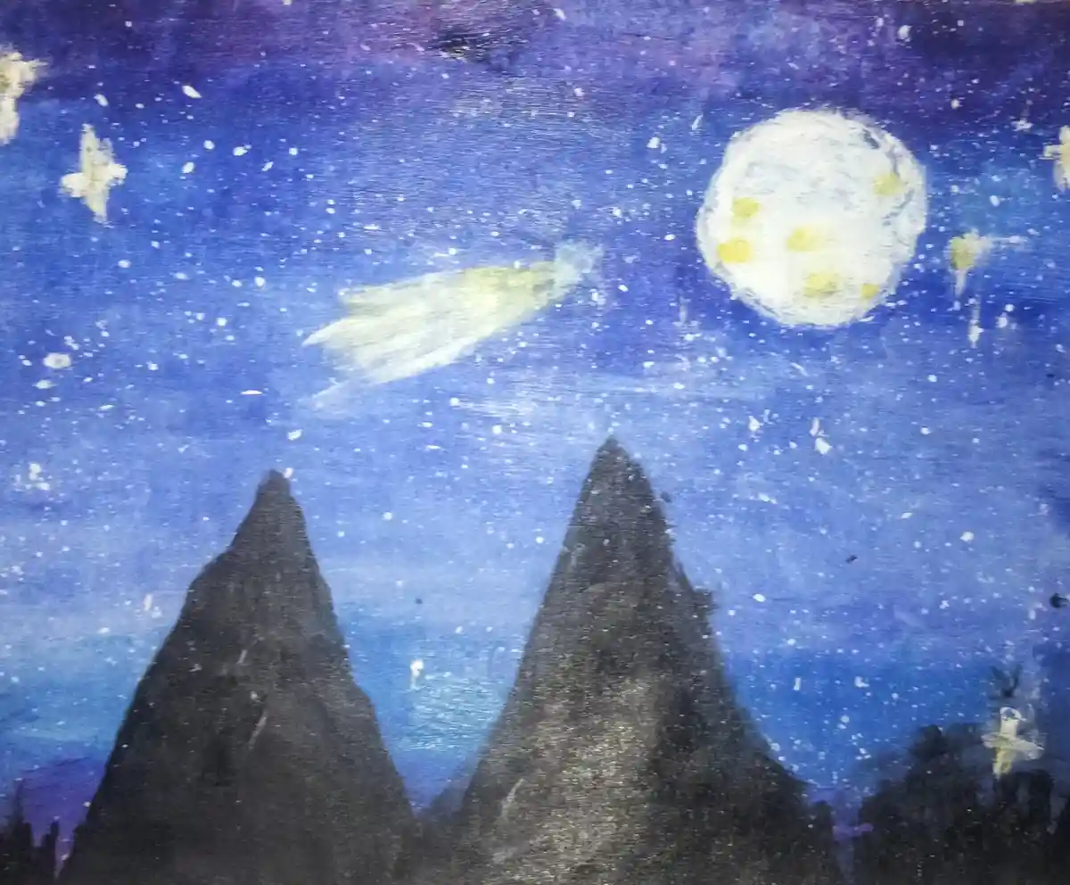 A hand-painted night sky scene with a large moon, stars, and a shooting star over two dark mountain peaks. The overlaid text…