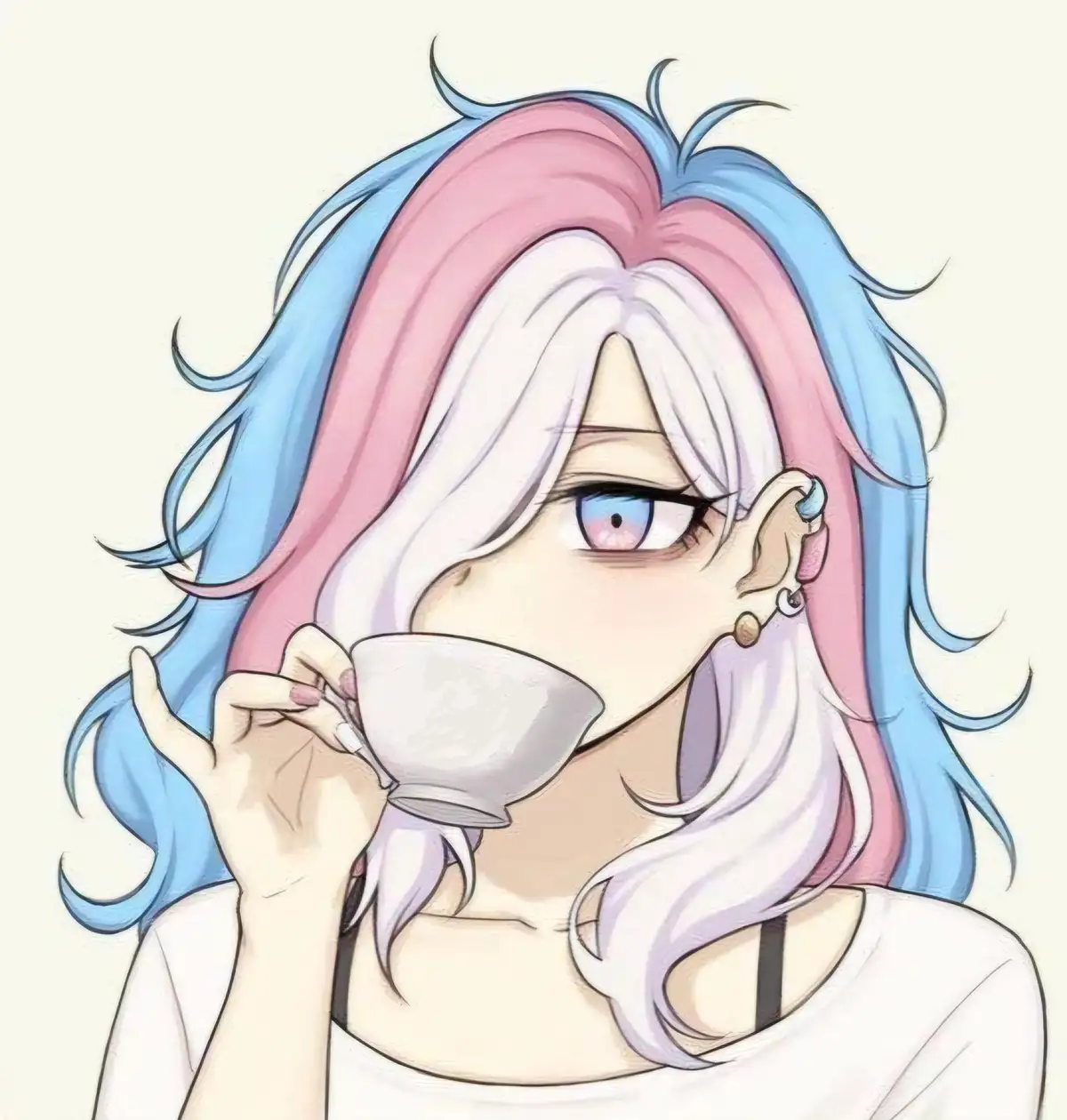 An anime-style illustration of a person with pink, blue, and white hair holding a teacup to their lips, looking skeptical…