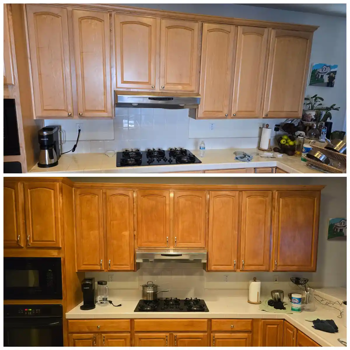 The image shows a before-and-after comparison of a kitchen. The top photo displays light-colored, unfinished-looking wooden…