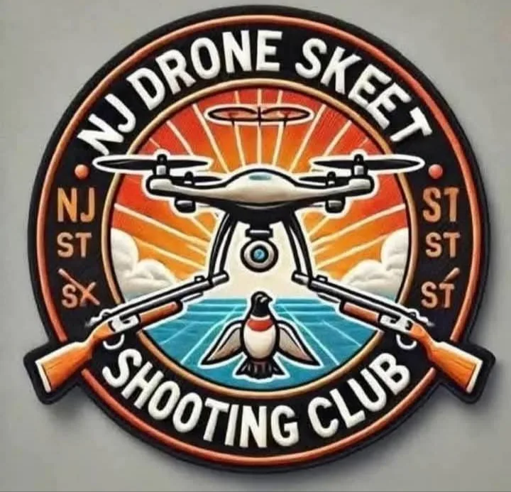 A circular patch-style logo for a fictional 'NJ Drone Skeet Shooting Club' features a drone centered above a skeet bird…