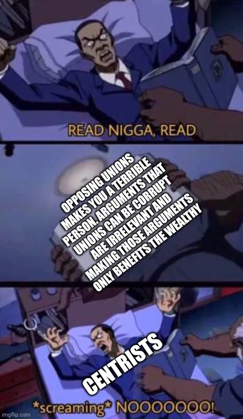 A three-panel meme featuring a cartoon man in a suit screaming in bed while being forced to read a book. The top panel says…