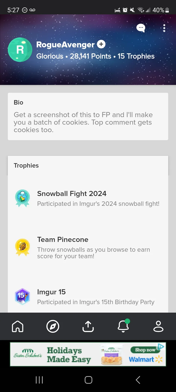 An Imgur user profile for 'RogueAvenger' shows a bio offering cookies to anyone who takes a screenshot and posts it to 'FP'…