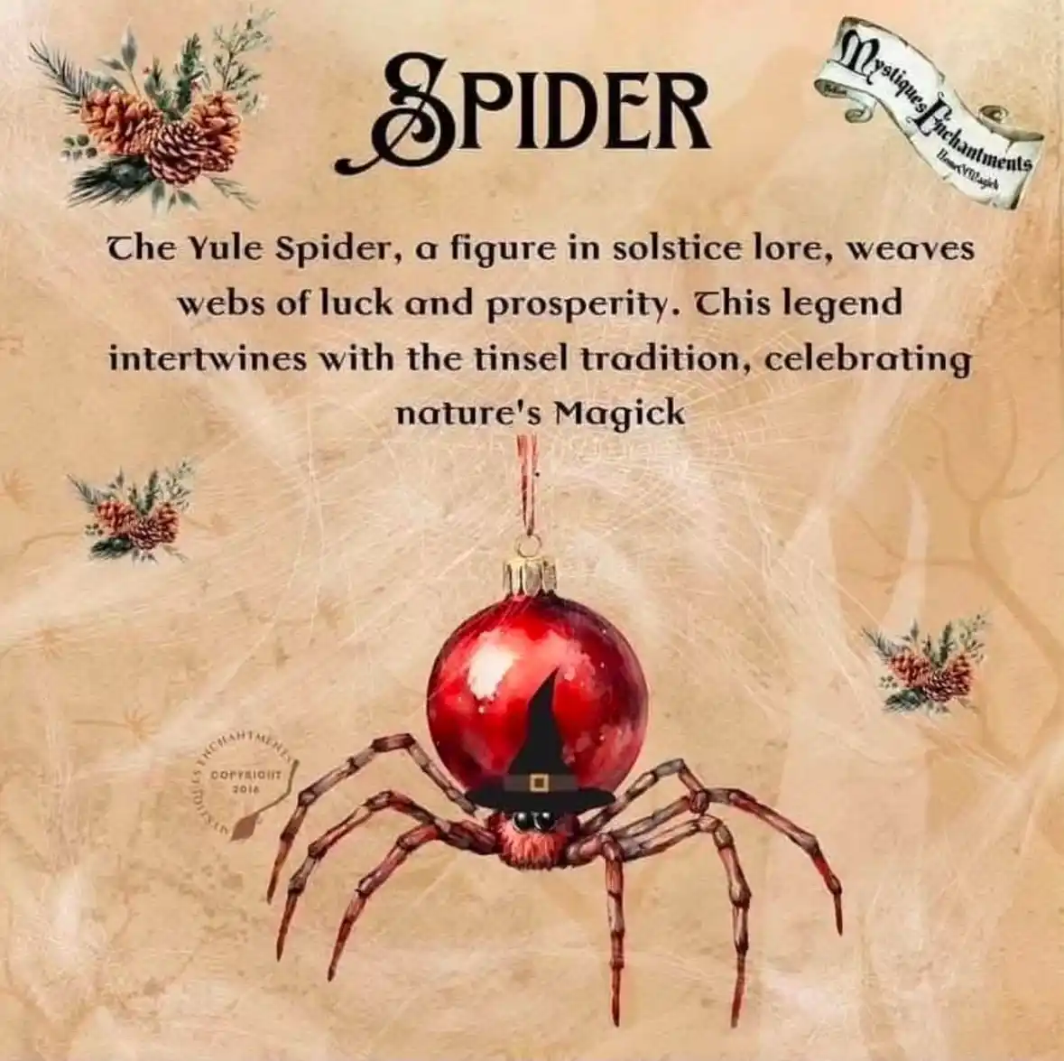 An illustrated spider wearing a witch's hat and holding a red Christmas ornament, set against a parchment background with…