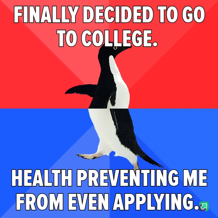 A penguin stands centered against a red and blue background, split horizontally. The top half has white text reading…