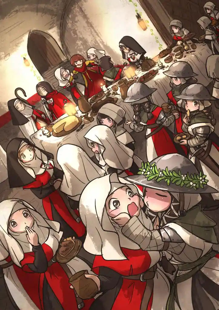 An anime-style illustration depicts a crowded medieval feast where numerous characters in nun habits and knight armor are…