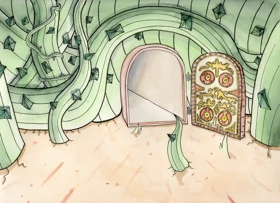 An illustrated scene shows an ornate, decorated door standing ajar in a tunnel-like structure with green, vine-like walls…