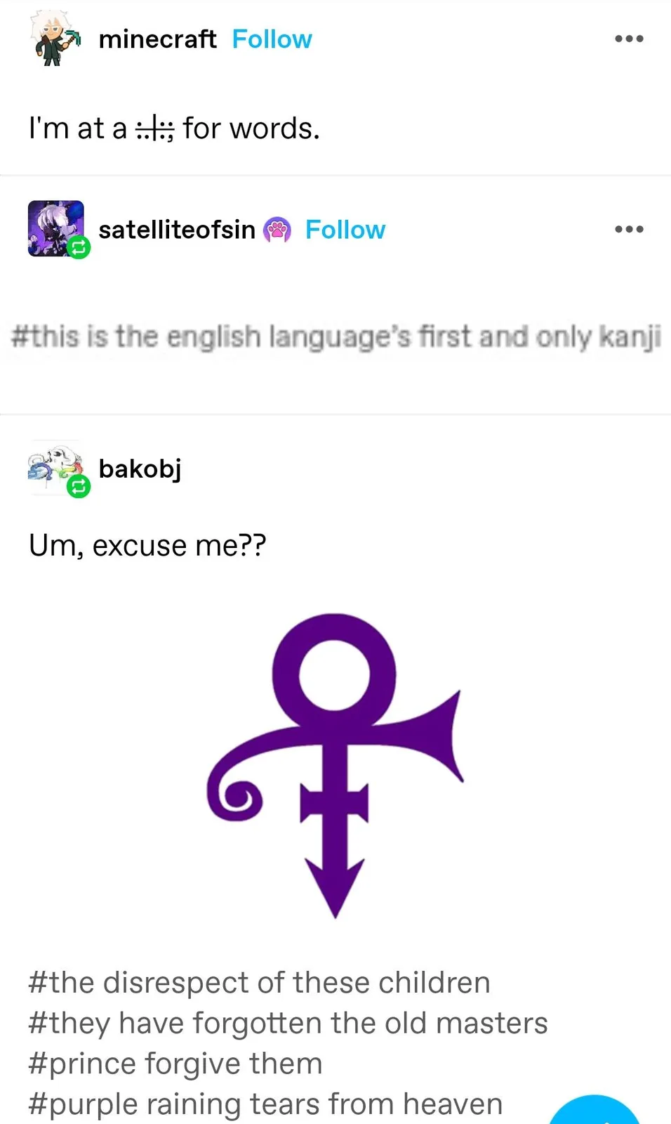 The image shows a screenshot of a social media thread where one user claims the purple symbol (Prince's logo) is 'the…