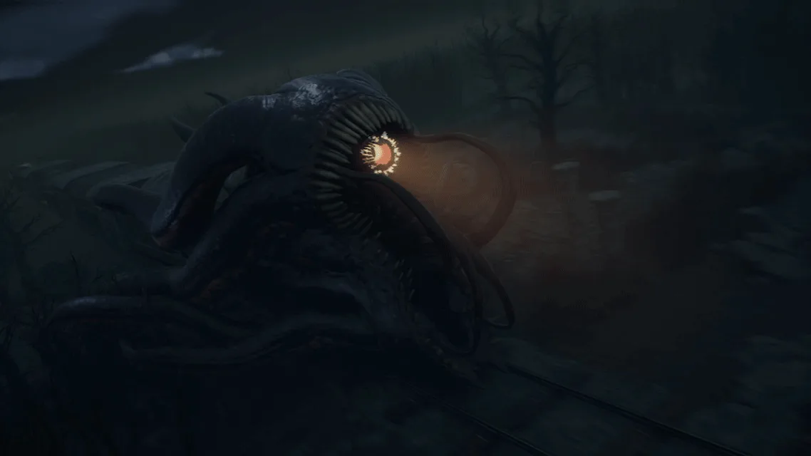 A six-panel image sequence shows a large, dark, tentacled monster with glowing eyes and sharp teeth emerging from a dark…