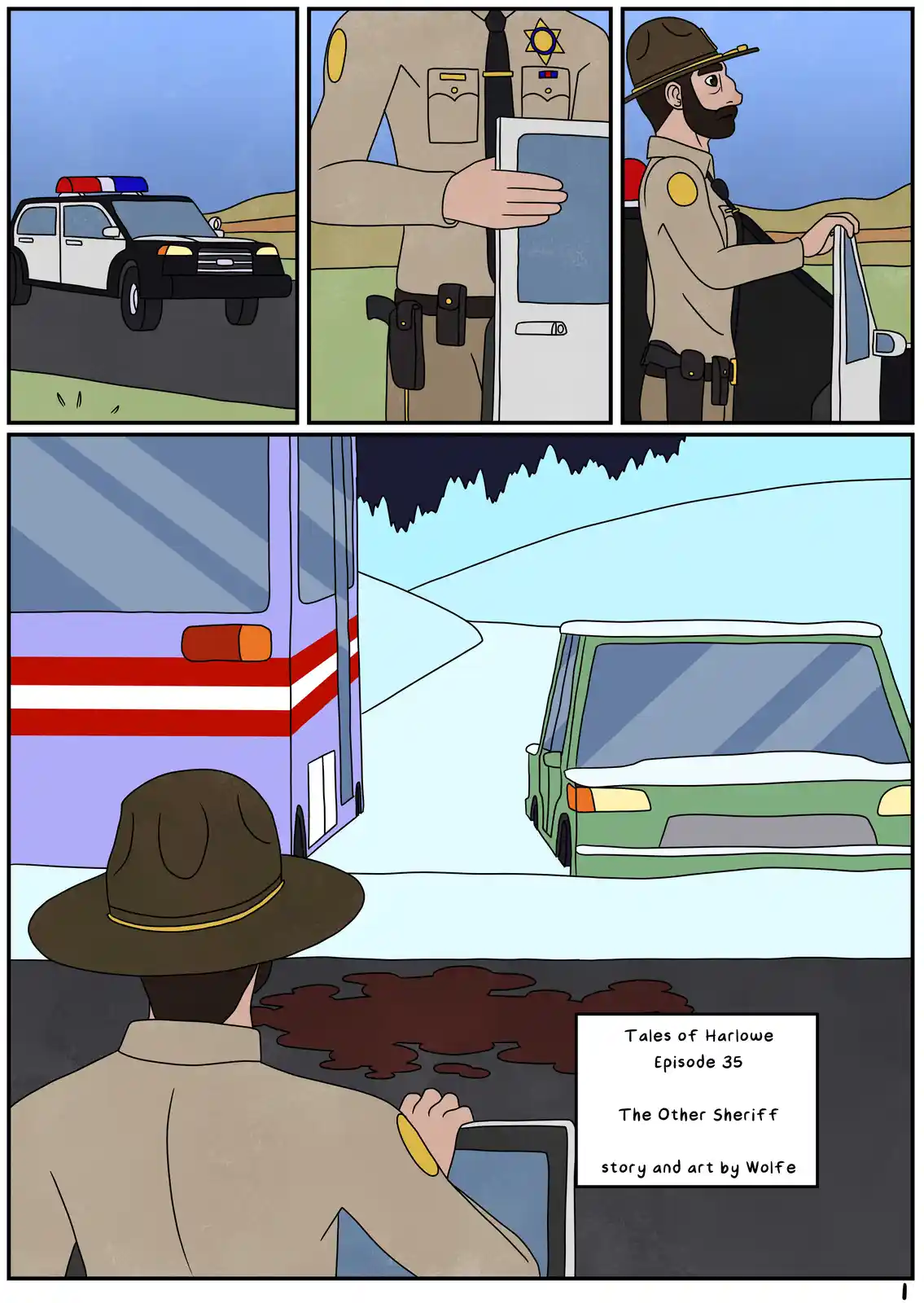 A comic strip shows a sheriff pulling over a car, then looking at a spilled liquid on the ground while an ambulance and…