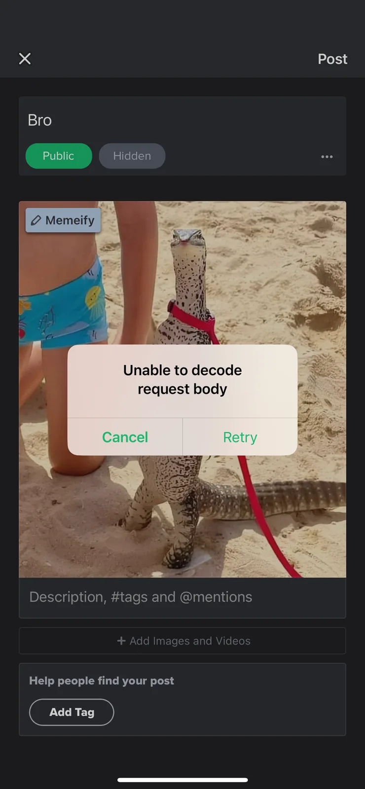 A spotted monitor lizard wearing a red harness stands on a sandy beach next to a person in blue swim trunks, with a pop-up…