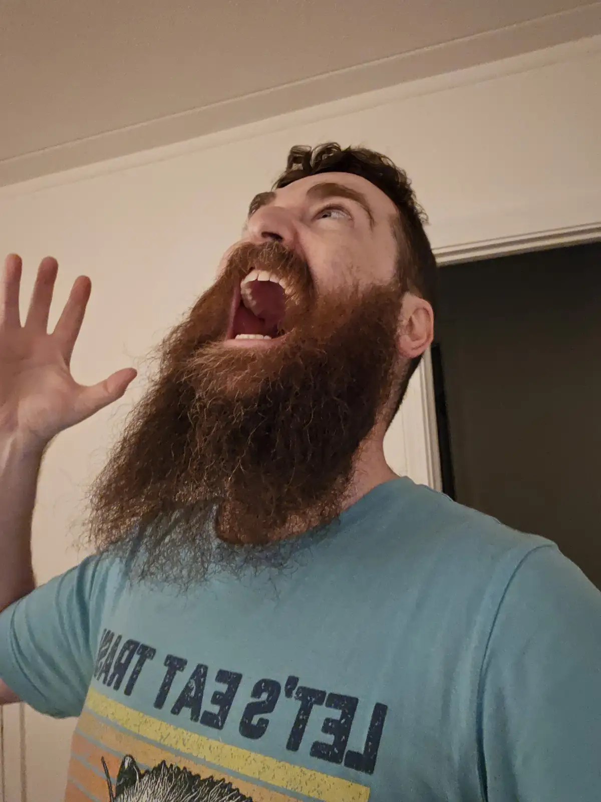A man with a long, thick beard and curly hair is captured mid-scream or shout, looking upward with his mouth wide open and…