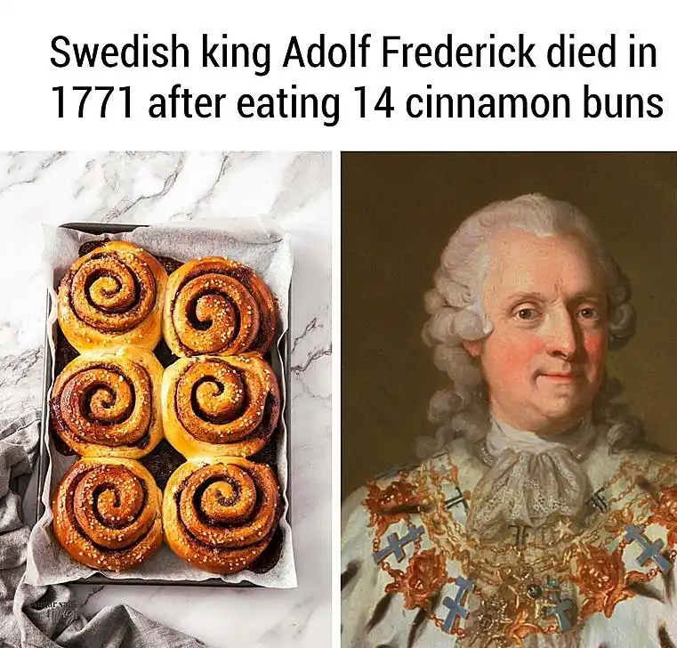 The image is split: left side shows six golden-brown cinnamon buns in a baking tray on a marble surface, right side shows a…