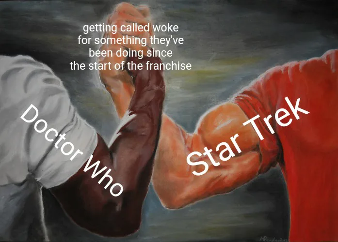 Two muscular arms locked in an arm-wrestling match, one labeled 'Doctor Who' and the other 'Star Trek'. White text above…