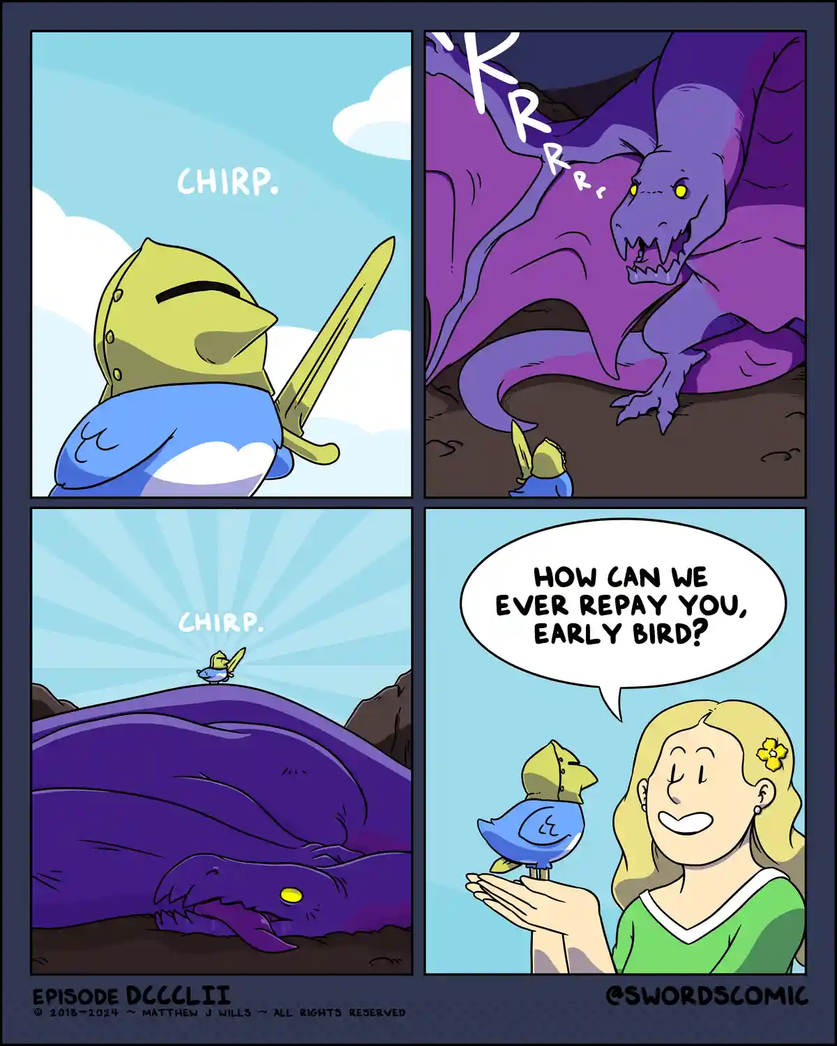A four-panel comic shows a tiny bird knight with a sword chirping to a large purple dragon, which then roars and falls…