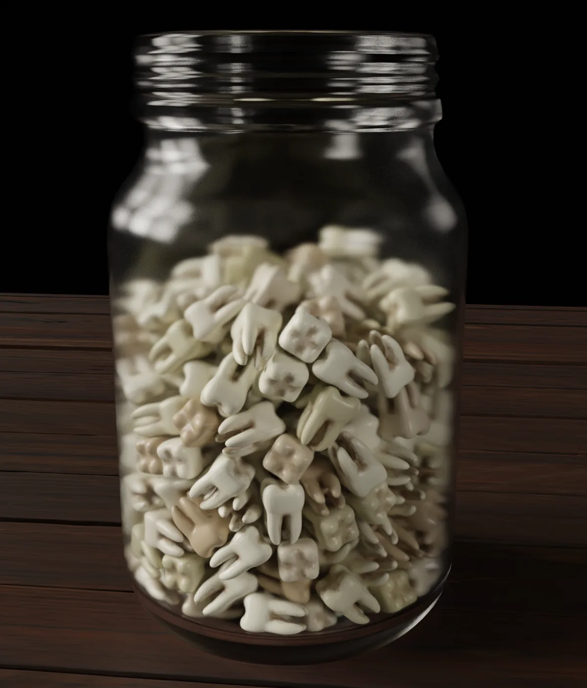 A glass jar filled with numerous human teeth sits on a dark wooden surface against a black background. The teeth vary in…