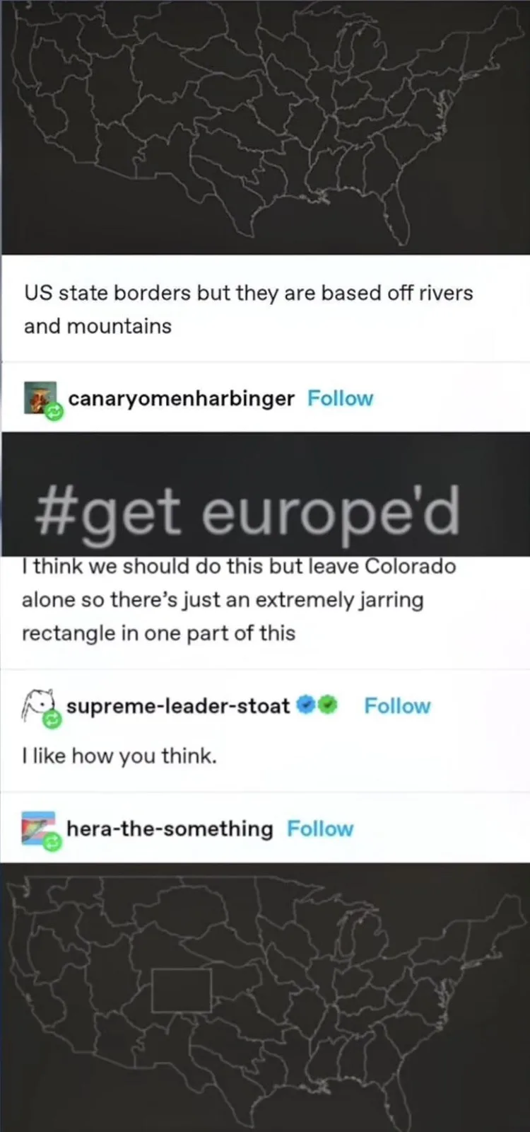 The image shows a social media thread where the first post displays a map of the US with irregular state borders based on…